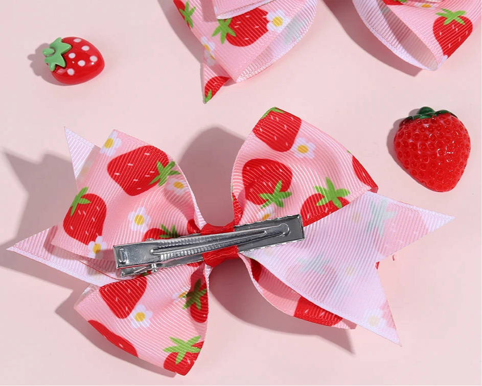 Cute Red and Pink 2Pcs Strawberry Bow Hair Clips - Just The Fly Way