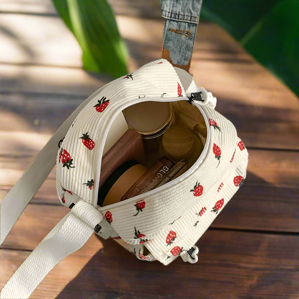 Cute and Trendy Crossbody Bag with Strawberry Print Zipper Closure - Just The Fly Way