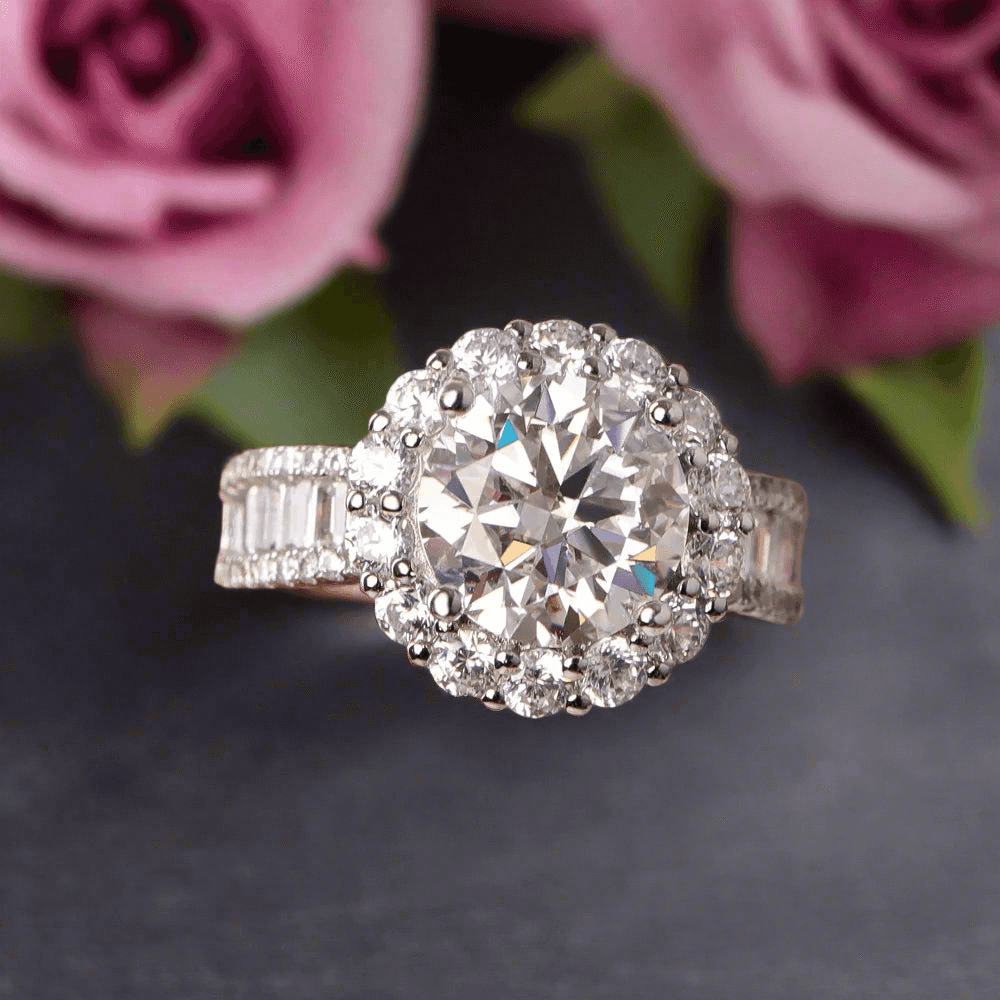 Moissanite Flower Halo Ring for Women - 3CT 925 Sterling Silver Wedding Band, GRA Certified Gift - Just The Fly Way