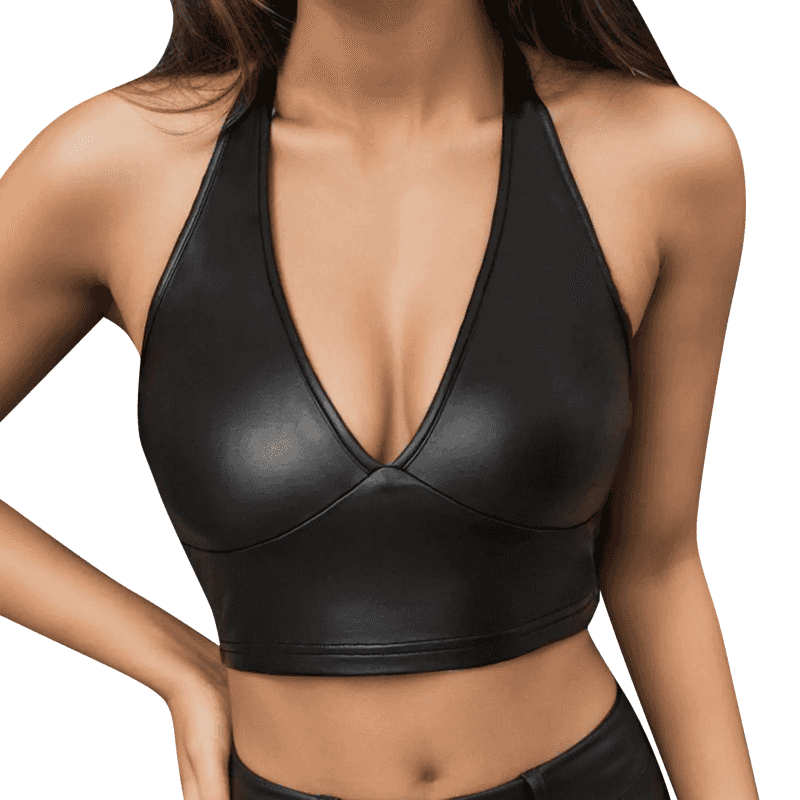 What a Daring and Bold Look with This Faux Leather Halter Top - Just The Fly Way