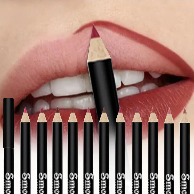 Fashionable, Bold and Beautiful Dress12 Colors Lip Liner Pen Set Fashion Black Rod Waterproof Non-stick Cup Easy To Color Lipstick Pen Makeu