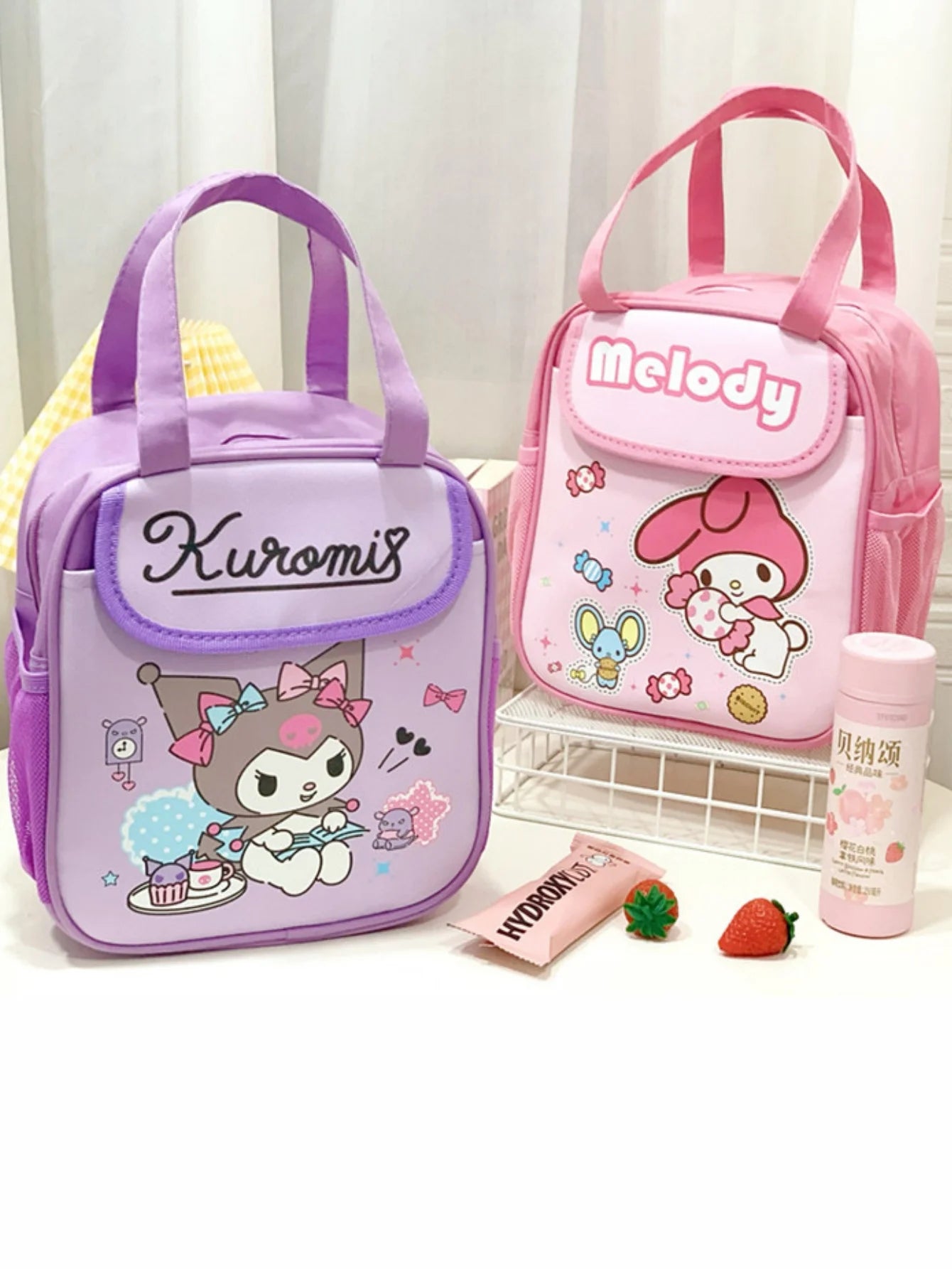1pc Insulated Fashionable Portable Lunch Bag Cute Cartoon HelloKitty Kuromi Cinnamoroll Design Reusable Lunch Box