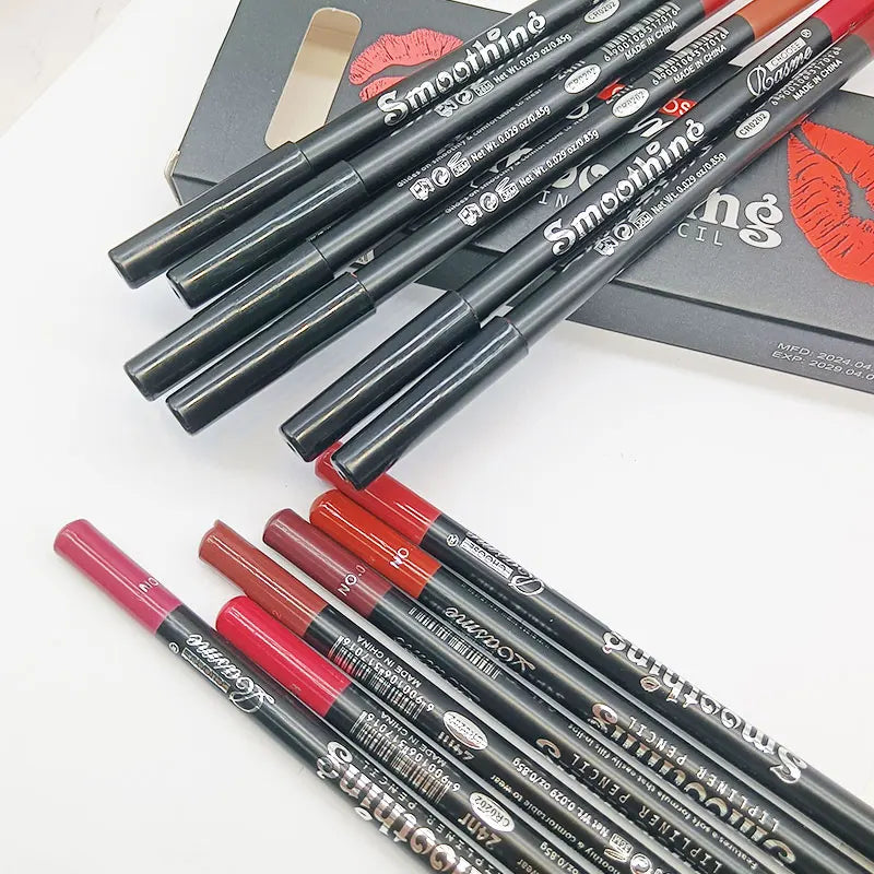 Fashionable, Bold and Beautiful Dress12 Colors Lip Liner Pen Set Fashion Black Rod Waterproof Non-stick Cup Easy To Color Lipstick Pen Makeu