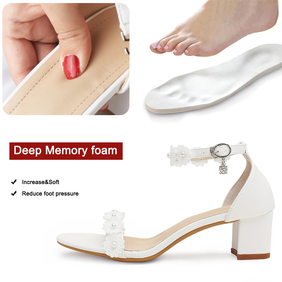 Elegant Chunky Heel Women's Sandals with Faux Pearl and Flower Decorations, Ankle Strap, Round Toe - Just The Fly Way