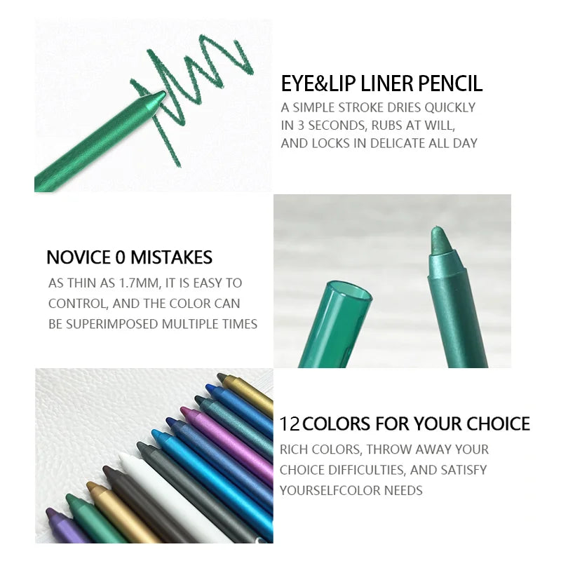 Fashionable, Bold and Beautiful Dress12 Colors Set Glitter & Shimmer Eyeliner Stick Pack - Long-Wearing Blue Tone Eyeliner Pencil with Smooth Application - Versatile