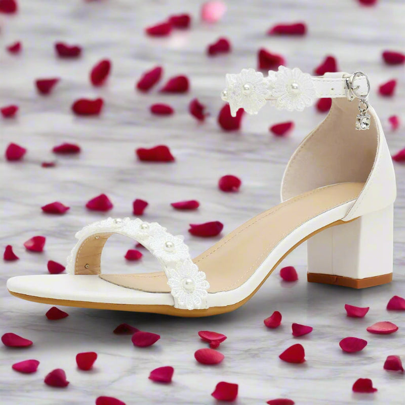 Elegant Chunky Heel Women's Sandals with Faux Pearl and Flower Decorations, Ankle Strap, Round Toe - Just The Fly Way