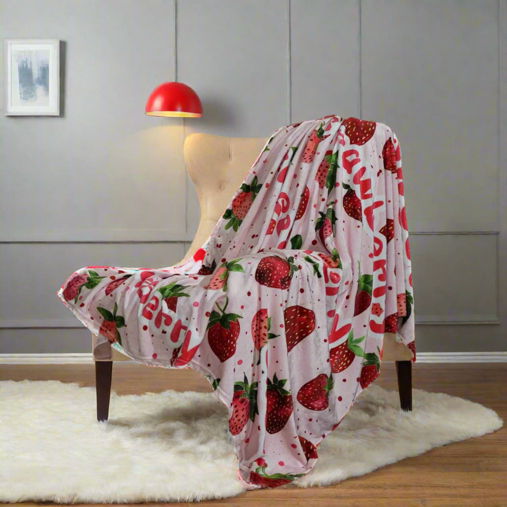 Cute Farmhouse-Strawberry Fleece Style Blanket – Pink Fluffy Throw for The Bed or Sofa - Just The Fly Way