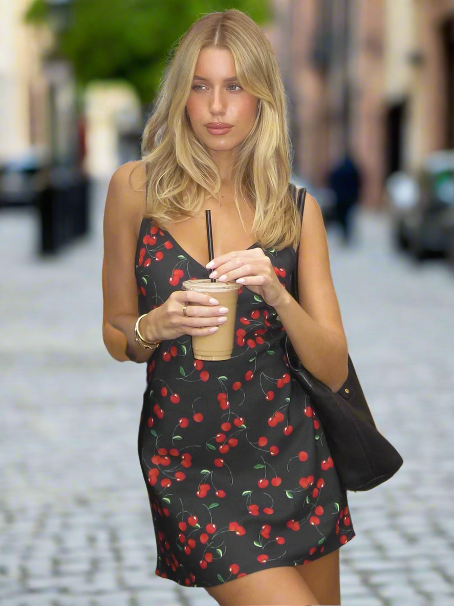 Fashionable, Bold and Beautiful DressWomen's Printed Black Cherry Spaghetti Strap Dress