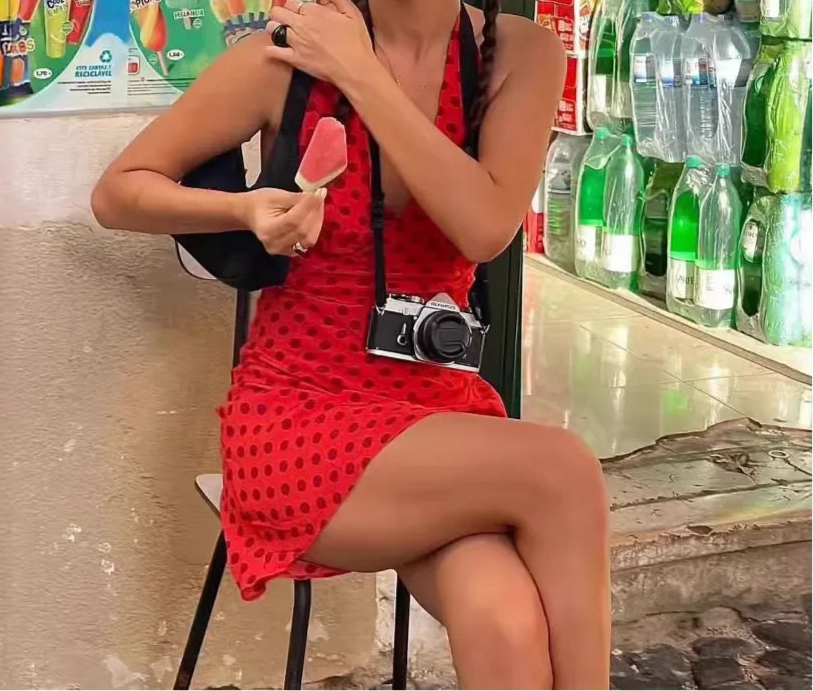 Sweet and Spicy French Style Vintagered Polka Dot Halter Mini Dress - Just The Fly Way