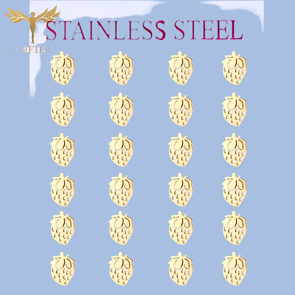 12 Pairs Lot Fruit Earrings Golden Strawberry Design Stud Earring Set Surgical Steel Children Girls Ear Jewelry Accessory Resale - Just The Fly Way