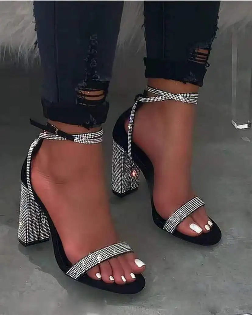 Women's Chunky Heels Buckle Wedding Party Shoes Luxury Sequins Rhinestones Plus Size Platform Sandals for Women 12 44 Size 2022