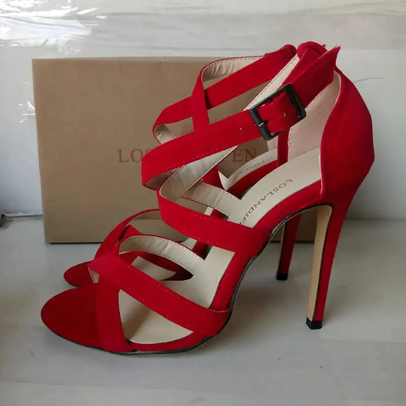 New Sexy Women Sandals Fashion Open Toe Ankle Straps High Heels Summer 11cm Thin Heel Party Dress Shoes Plus Size
