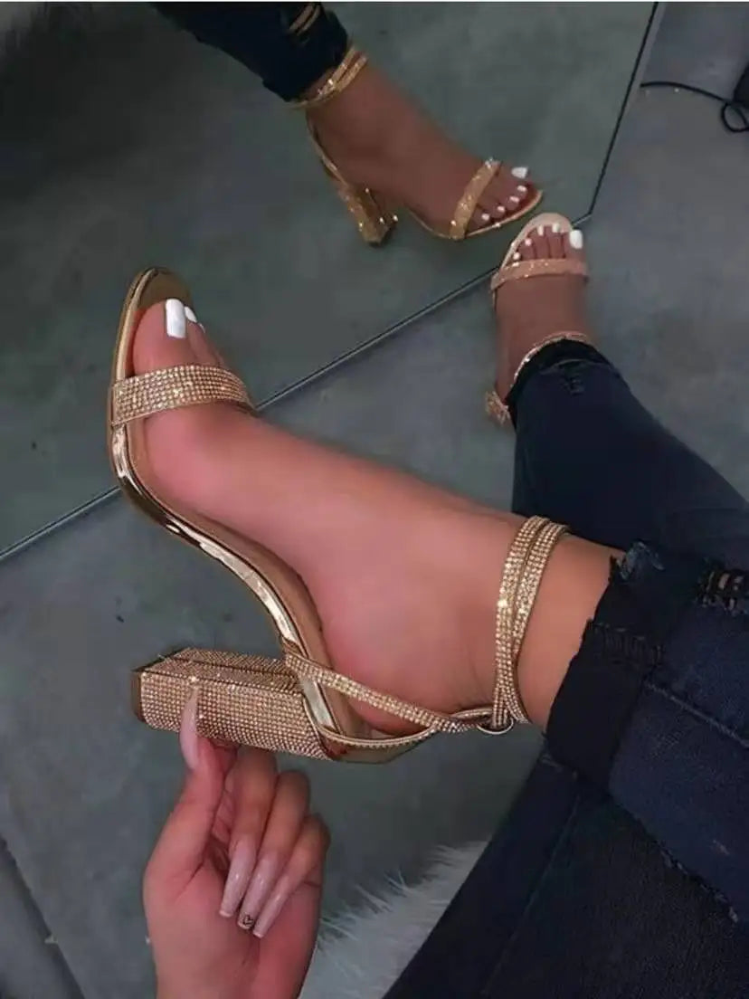 Women's Chunky Heels Buckle Wedding Party Shoes Luxury Sequins Rhinestones Plus Size Platform Sandals for Women 12 44 Size 2022