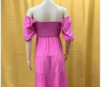 2023 Factory Wholesale Summer Women's Solid Color Short Puff Sleeve High-Waist Dress Lady's Square Collar Casual Dress