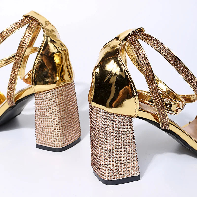 Women's Chunky Heels Buckle Wedding Party Shoes Luxury Sequins Rhinestones Plus Size Platform Sandals for Women 12 44 Size 2022