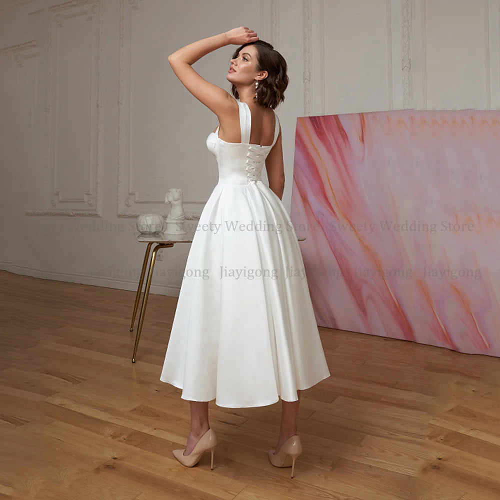 Short Wedding Dress Customized Civil Dresses Sexy Sweetheart Simple Bridal Gowns Mid-Calf Satin Bride Dresses Backless