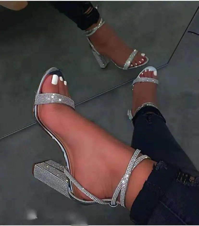 Women's Chunky Heels Buckle Wedding Party Shoes Luxury Sequins Rhinestones Plus Size Platform Sandals for Women 12 44 Size 2022