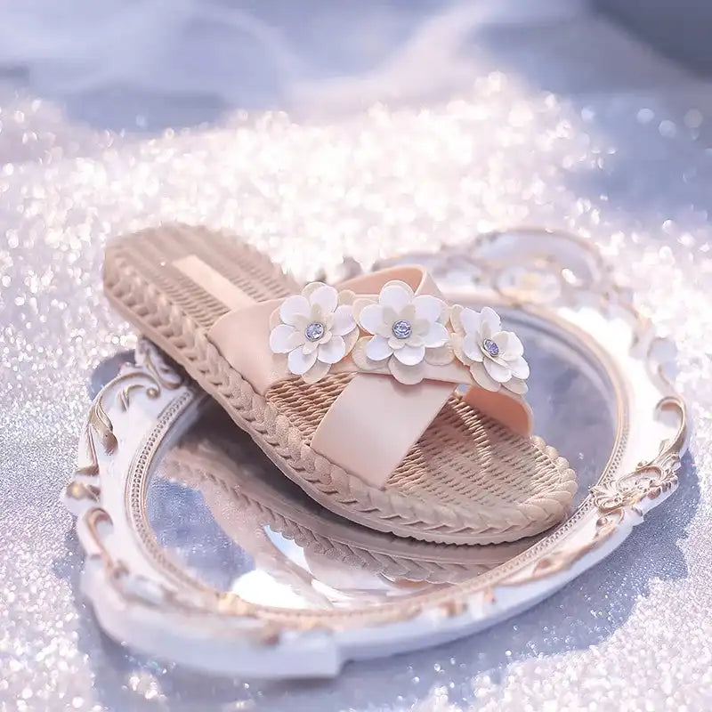 Shine On Floral Summer Slippers for Women – Stylish Non-Slip Sandals with Gold, Silver, Moissanite & Amethyst Accents - Just The Fly Way