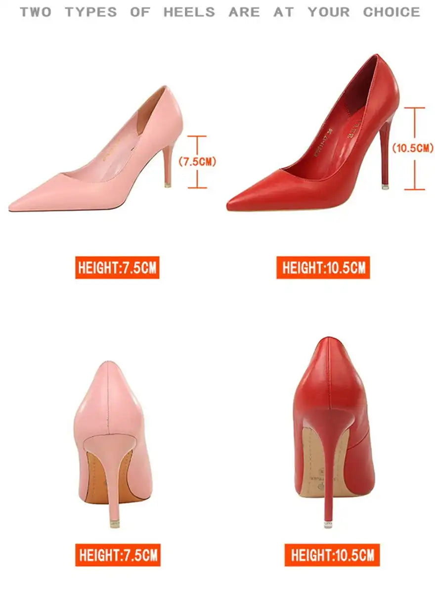 Fashion Women's Pointed Toe Pumps Soft Leather High Heels Slip-On Candy Colored 7.5/10.5cm Shoes