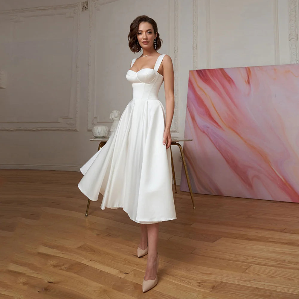 Short Wedding Dress Customized Civil Dresses Sexy Sweetheart Simple Bridal Gowns Mid-Calf Satin Bride Dresses Backless