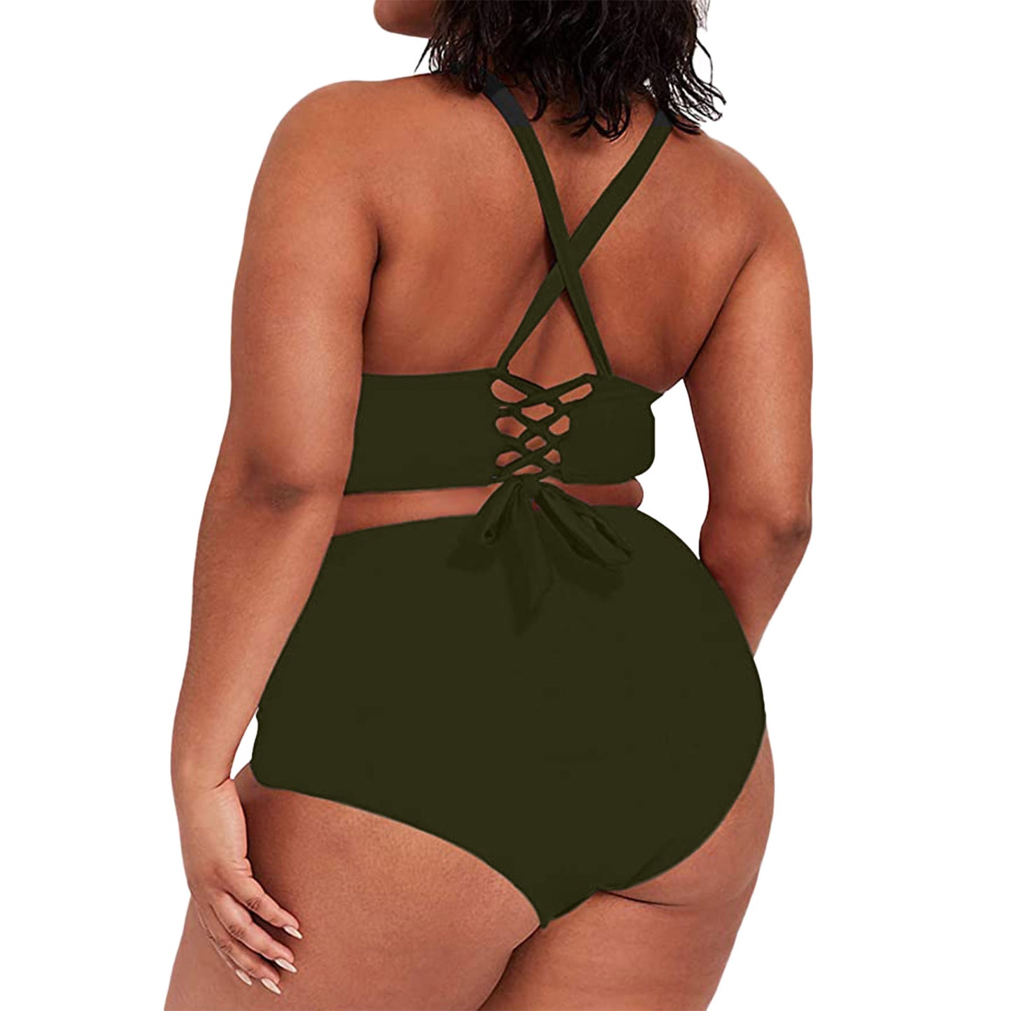 2023 Womens Swimwear High Waist Bikini Solid Color Plus Size Big Breast Swimsuit Strappy Bather Swimming Wear Bathing Suit - Just The Fly Way