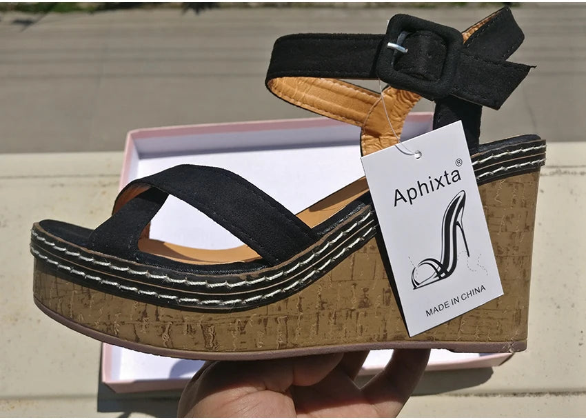 Fashionable, Bold and Beautiful DressAphixta Women's Peep Toe Buckle Sandals Platform 10cm Wedge Heel Fashion Summer Shoes Beige/Black/Green True to Size