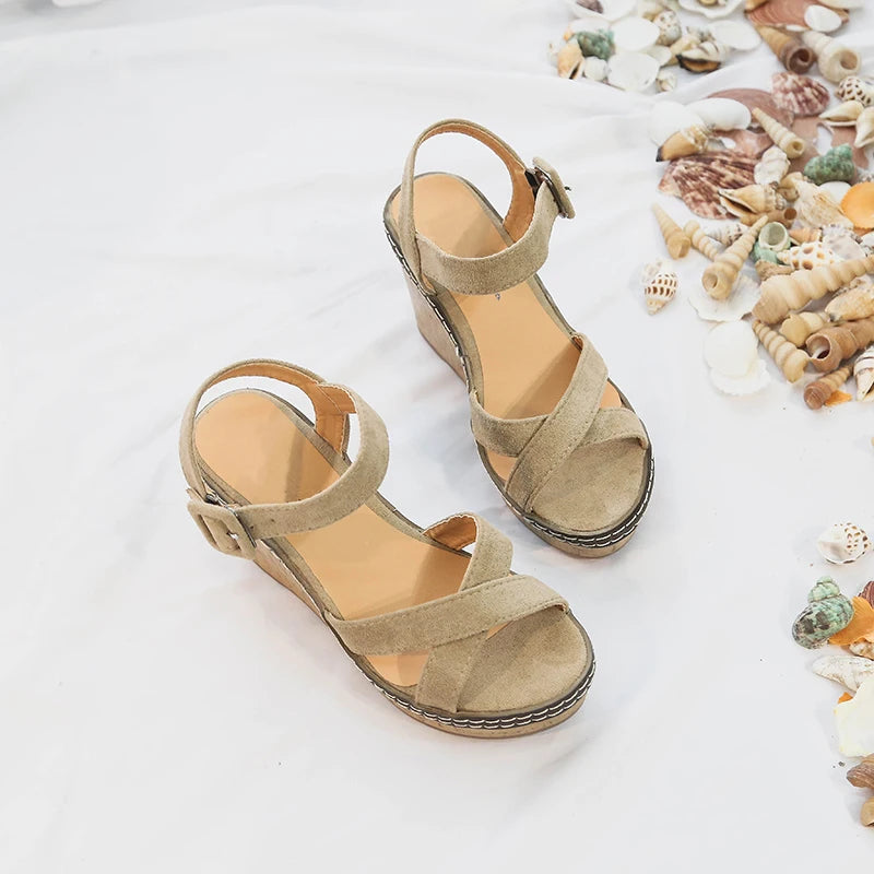 Fashionable, Bold and Beautiful DressAphixta Women's Peep Toe Buckle Sandals Platform 10cm Wedge Heel Fashion Summer Shoes Beige/Black/Green True to Size