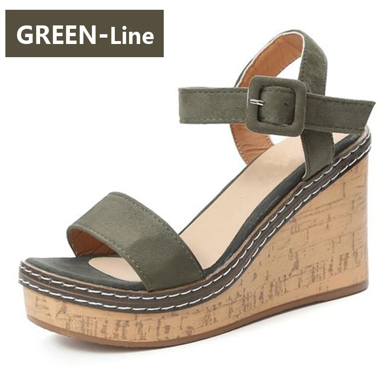 Fashionable, Bold and Beautiful DressAphixta Women's Peep Toe Buckle Sandals Platform 10cm Wedge Heel Fashion Summer Shoes Beige/Black/Green True to Size