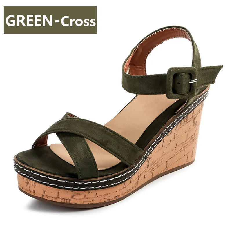 Fashionable, Bold and Beautiful DressAphixta Women's Peep Toe Buckle Sandals Platform 10cm Wedge Heel Fashion Summer Shoes Beige/Black/Green True to Size