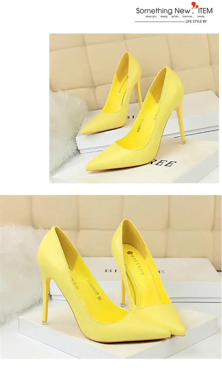 Fashion Women's Pointed Toe Pumps Soft Leather High Heels Slip-On Candy Colored 7.5/10.5cm Shoes