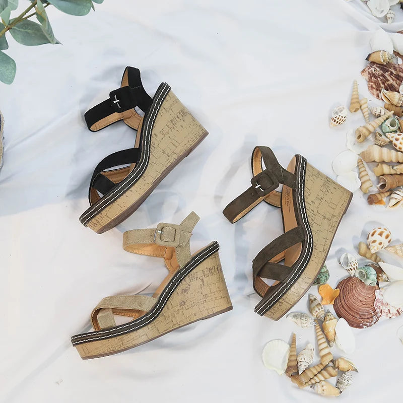 Fashionable, Bold and Beautiful DressAphixta Women's Peep Toe Buckle Sandals Platform 10cm Wedge Heel Fashion Summer Shoes Beige/Black/Green True to Size