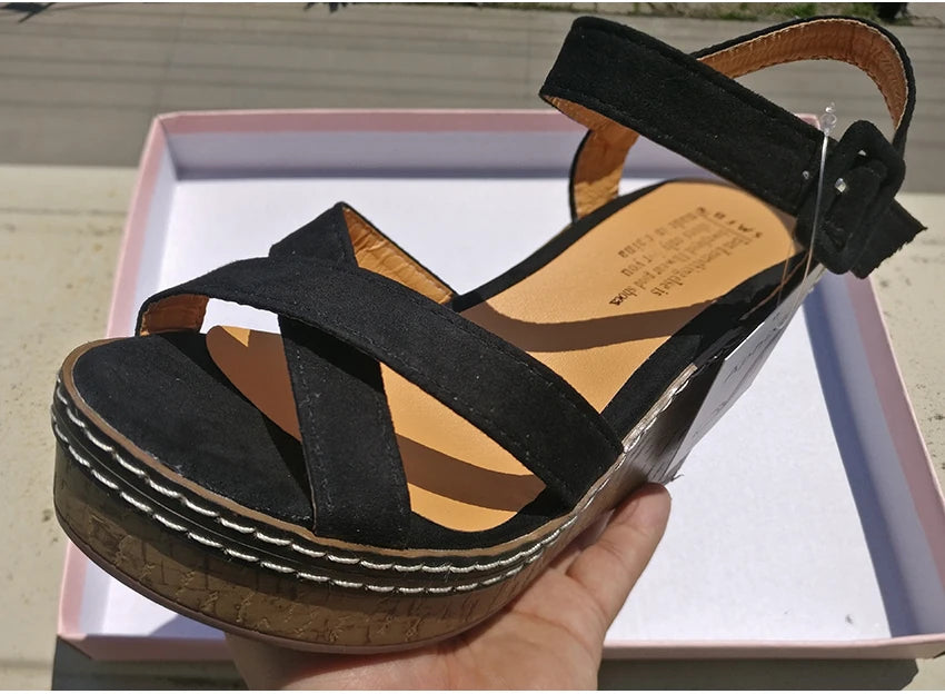 Fashionable, Bold and Beautiful DressAphixta Women's Peep Toe Buckle Sandals Platform 10cm Wedge Heel Fashion Summer Shoes Beige/Black/Green True to Size
