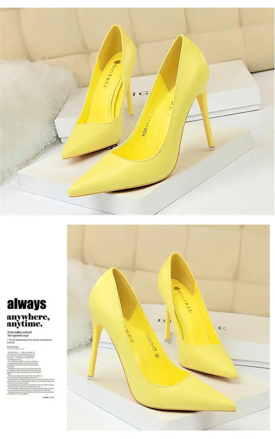 Fashion Women's Pointed Toe Pumps Soft Leather High Heels Slip-On Candy Colored 7.5/10.5cm Shoes