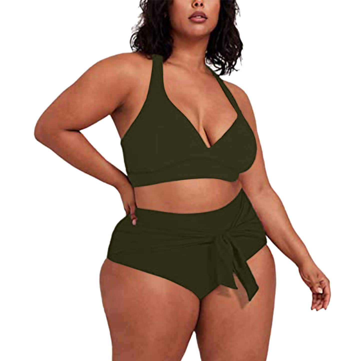 2023 Womens Swimwear High Waist Bikini Solid Color Plus Size Big Breast Swimsuit Strappy Bather Swimming Wear Bathing Suit - Just The Fly Way