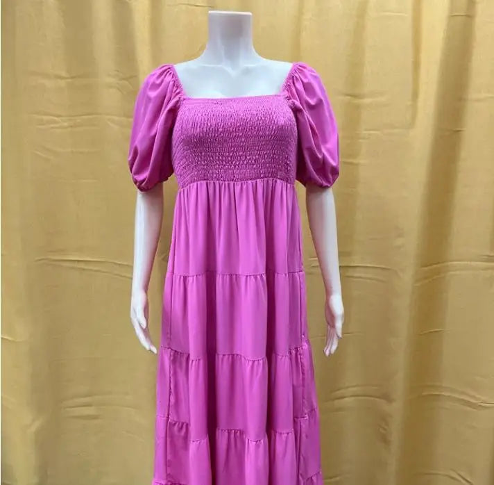 2023 Factory Wholesale Summer Women's Solid Color Short Puff Sleeve High-Waist Dress Lady's Square Collar Casual Dress