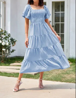 2023 Factory Wholesale Summer Women's Solid Color Short Puff Sleeve High-Waist Dress Lady's Square Collar Casual Dress