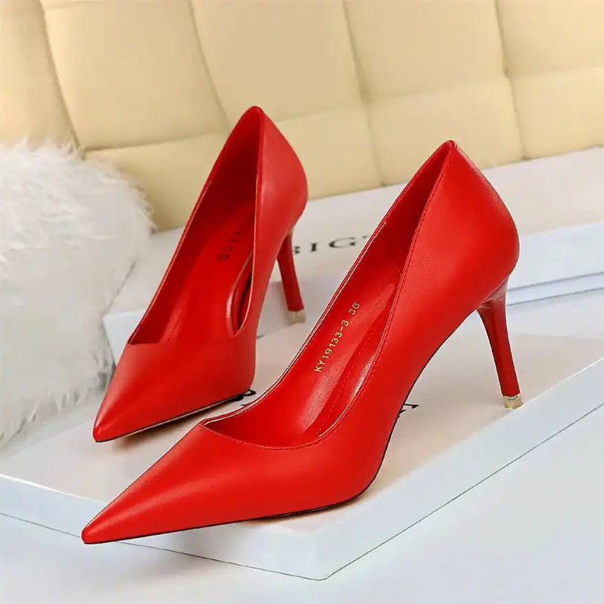 Fashion Women's Pointed Toe Pumps Soft Leather High Heels Slip-On Candy Colored 7.5/10.5cm Shoes