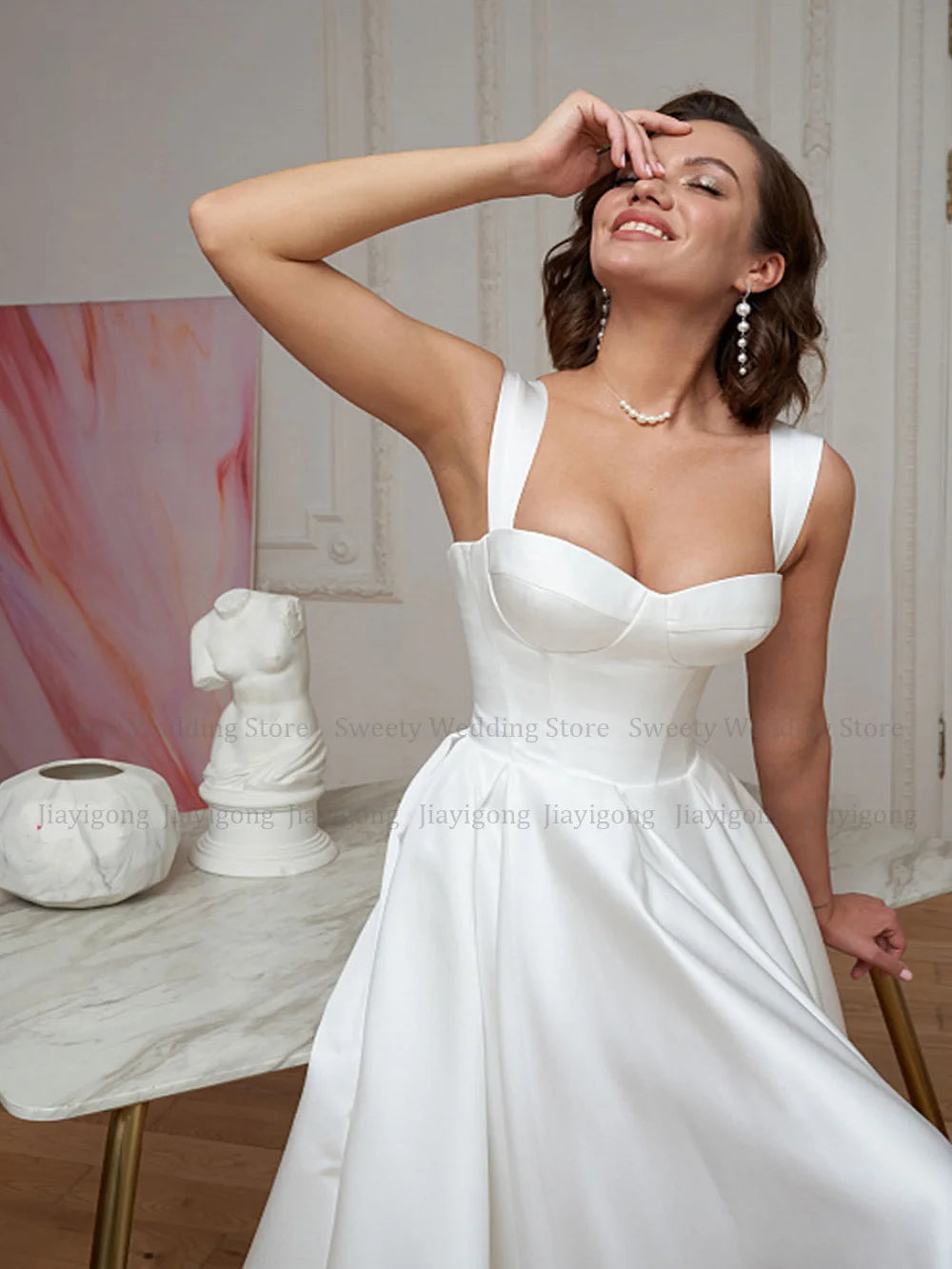 Short Wedding Dress Customized Civil Dresses Sexy Sweetheart Simple Bridal Gowns Mid-Calf Satin Bride Dresses Backless