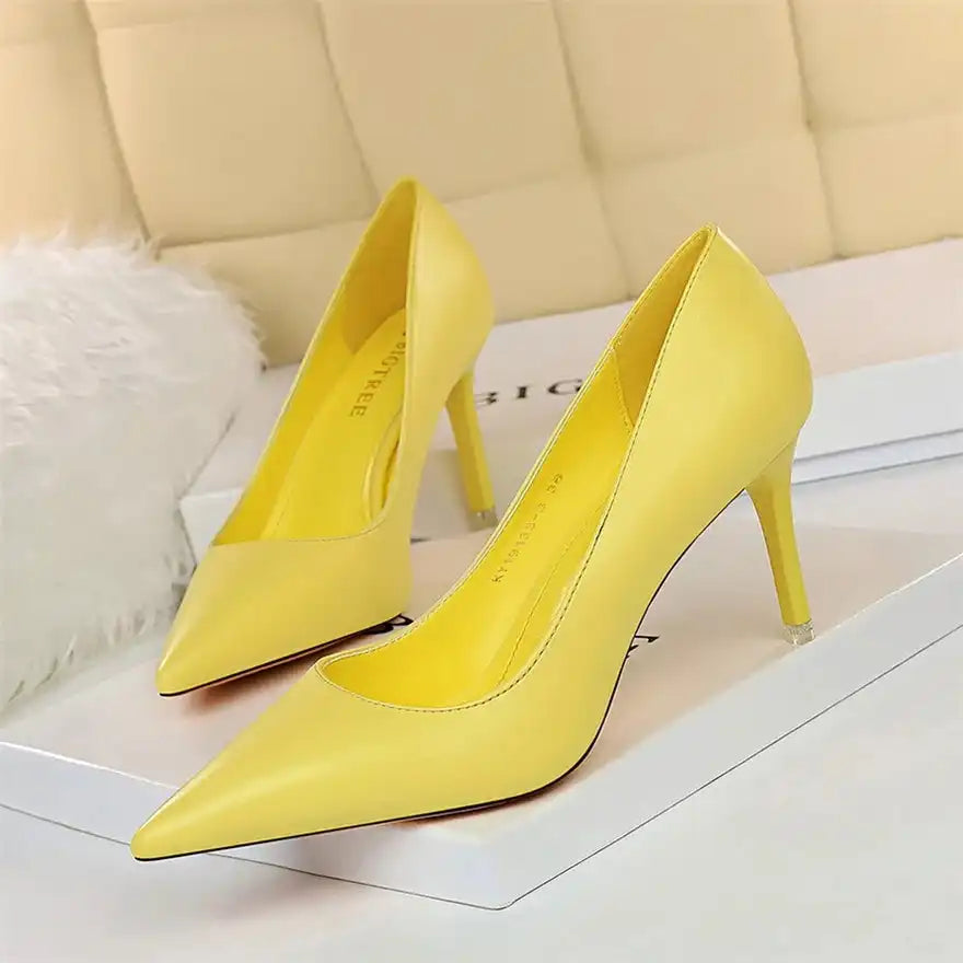 Fashion Women's Pointed Toe Pumps Soft Leather High Heels Slip-On Candy Colored 7.5/10.5cm Shoes
