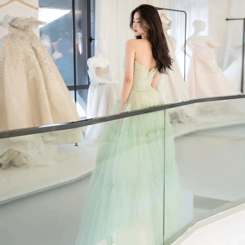 Green Tube Top Mori Style Evening Dress Female Classy Light Luxury Minority Host Birthday Adult Ceremony Princess Dress Light Wedding Dress
