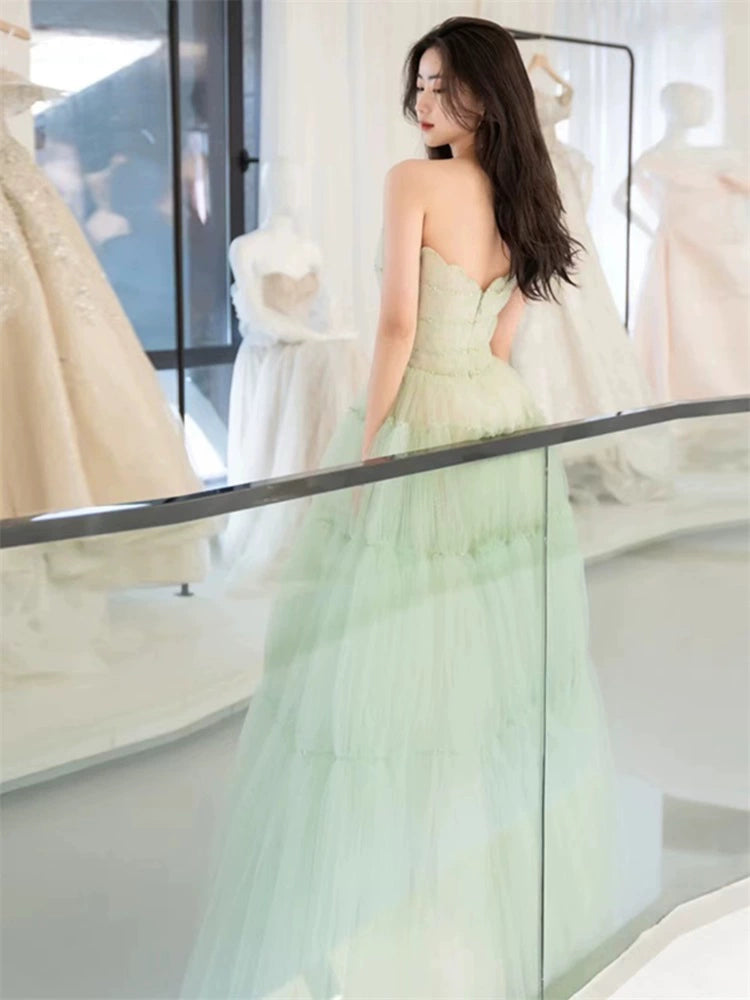 Green Tube Top Mori Style Evening Dress Female Classy Light Luxury Minority Host Birthday Adult Ceremony Princess Dress Light Wedding Dress