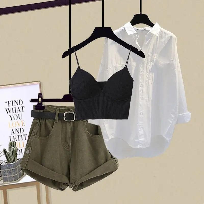 Women's Matching Three Piece Set, Shirt, High Waist Shorts Set - Just The Fly Way