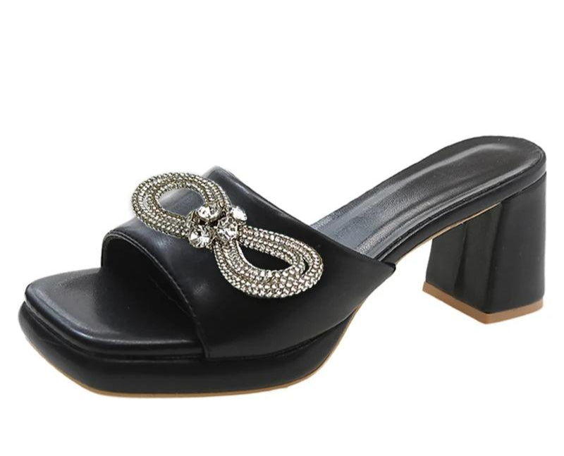 Women's Slide Shoes With Chunky Heels And Peep Toe Design - Just The Fly Way