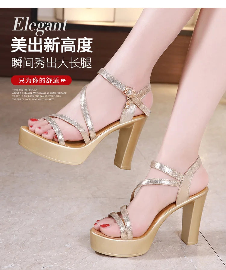 Fashionable, Bold and Beautiful Dress8cm 10cm Small Size 32-43 Elegant Soft Leather Sandals Platform Shoes 2025 Bandage Block High Heels Gladiator Sandals Model