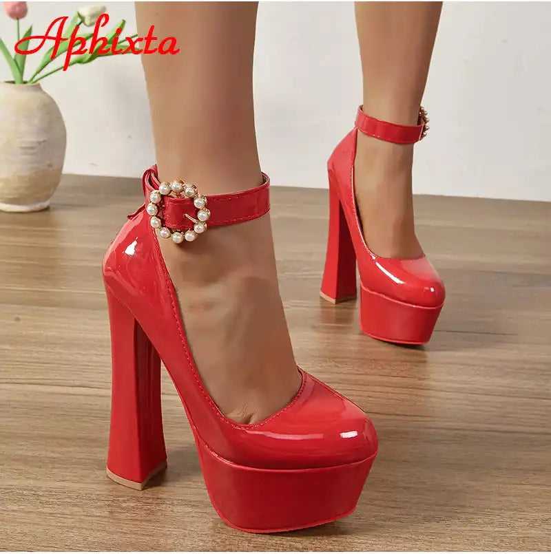 Aphixta Pearl Buckle Round Toe Pumps 5.5cm Platform Chunky Heels Shoes Black/Red Women's Fashion High Heel