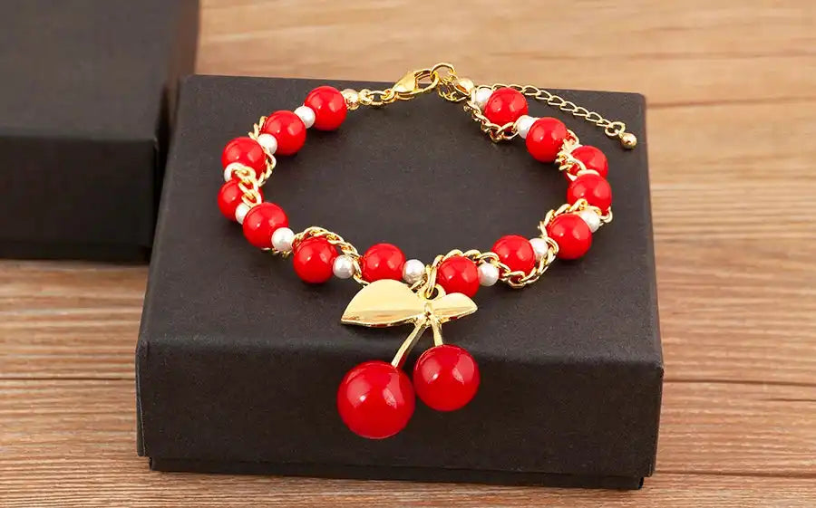 Cherry and Heart Red Beaded Chain Bracelet in 3 Fashion Styles – Trendy Jewelry - Just The Fly Way