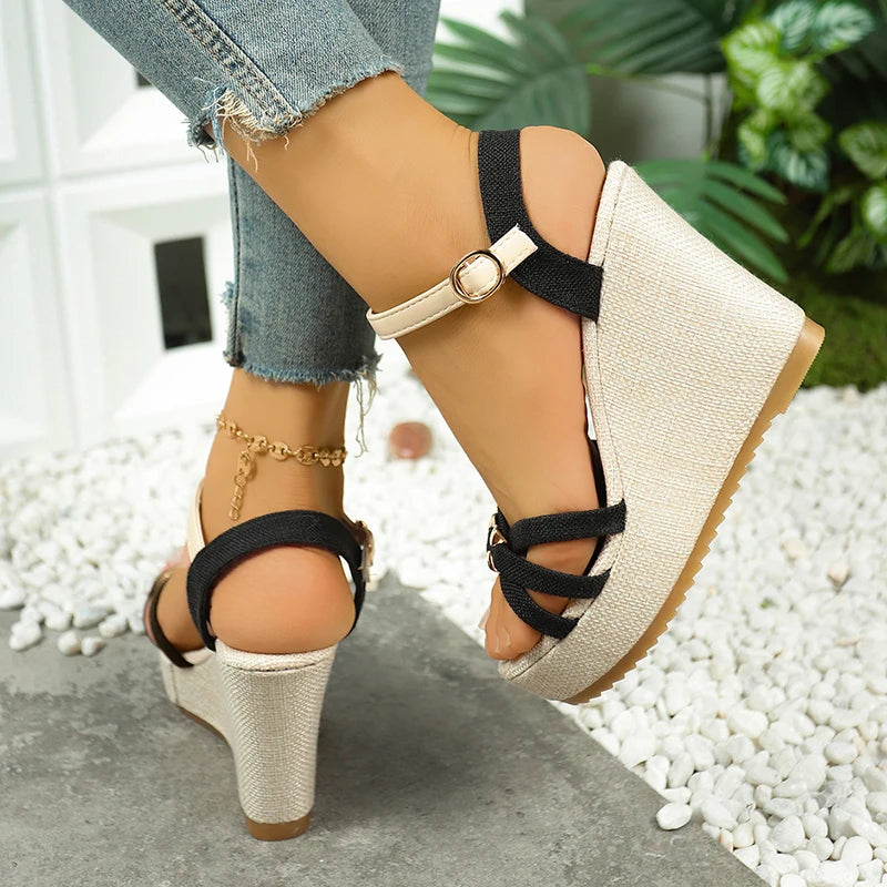 Women's Chunky Platform Wedge Sandals Non Slip Ankle Strap with Metal Cross on Band