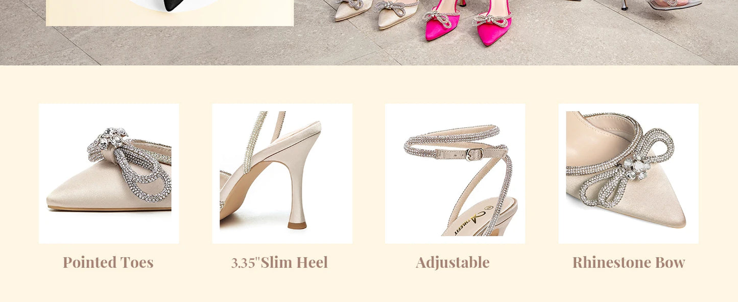 Women's Rhinestone Bow Heels Ankle Strap Pointed Toe Stiletto Heeled Sandals Wedding Bridal Dress Pumps Shoes - Just The Fly Way
