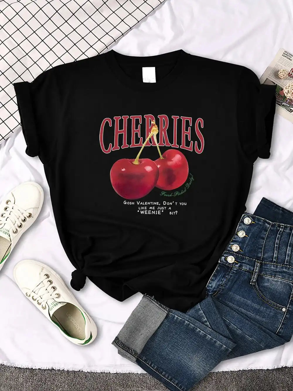 Comfortable Women's Cherry T-Shirt | Trendy Cherry and Letter Pattern Tees - Just The Fly Way