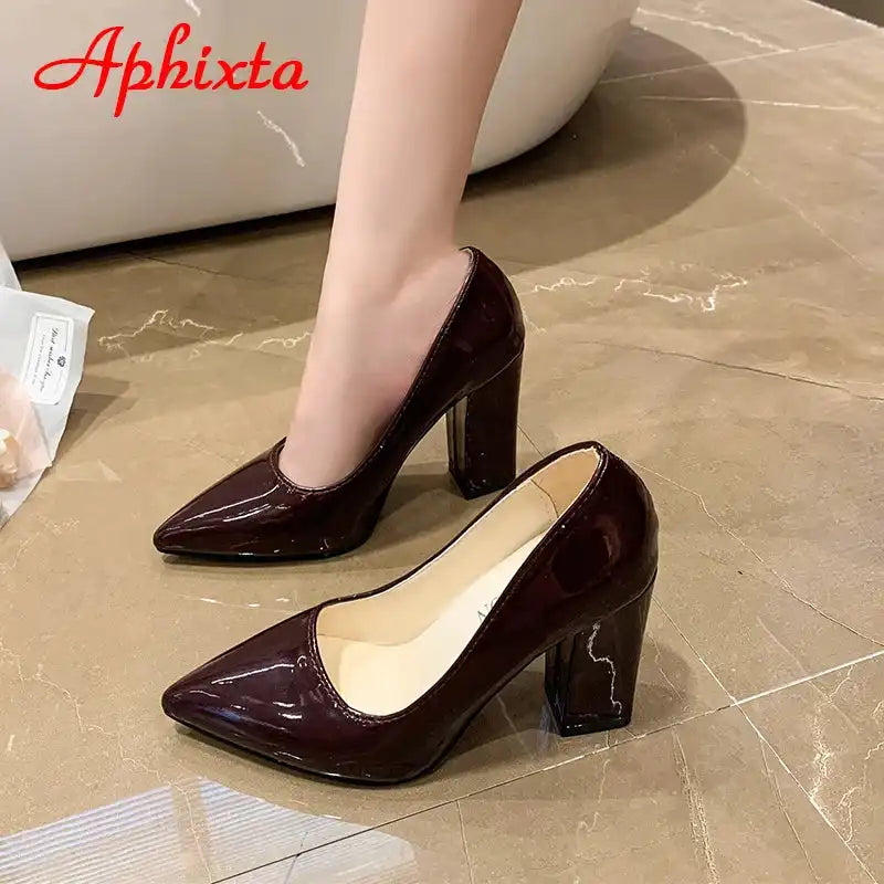 Women's Patent Leather 10cm Square Heel Shoes by Aphixta - Extended Sizes 31-50